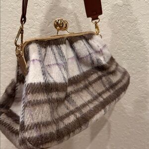 Plaid Wool Clutch with Brown Strap handbag
